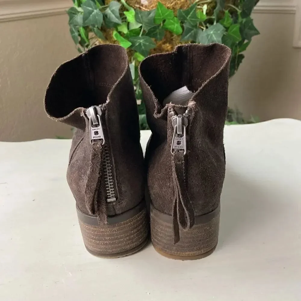 Lucky 🍀 Brand Metallic Brown Leather Suede Cowgirl Boho Ankle Boots Size 7 M